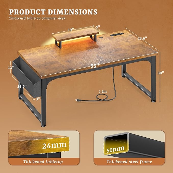 55 x 24 inch Desk with Power Outlets, No wobble Computer Desk with 0.95 Inch Thicker Desktop & Monitor Stand & Light & Storage Bag, Office Writing Desk for Home Office, Study, Bedroom, Brown