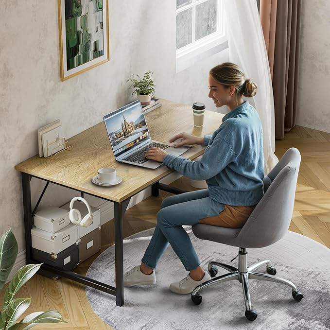 Shahoo Office Computer Desk, 48 Inch Student Home Table for Writing Work with Headphone Hook and Storage Bag, Oak