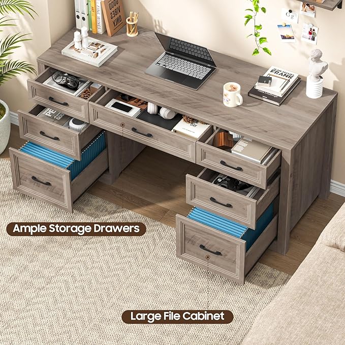 Farmhouse Executive Desk, Wood Home Office Desk with 2 Large File Drawers and 5 Storage Cabinets, Rustic Writing Desk for Work and Study, Grey
