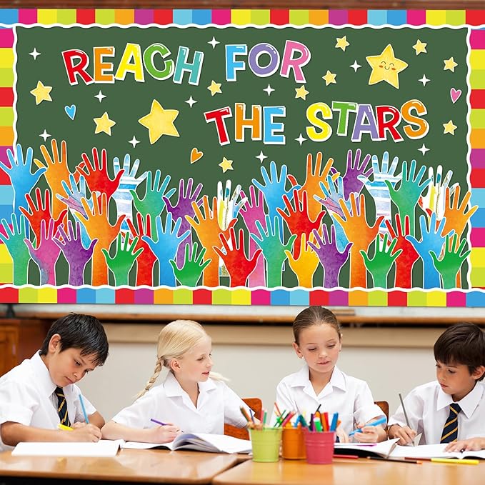 Reach for The Stars Bulletin Board Decorations Set Welcome Back to School Colorful Handprint Paper Cutouts Motivational Classroom Bulletin Board Decor for Preschool Supplies Door Chalkboard Wall