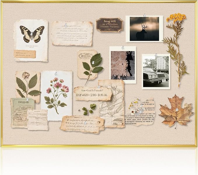 Linen Bulletin Board 36 x 24 Inches, White Cork Board for Wall, Gold Aluminum Framed Fabric Pin Board Tack Board, 10 Push Pins, Beige