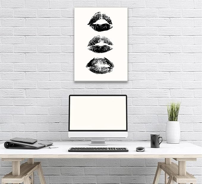 Vintage Black and White Kiss Lips Wall Art Girly Kiss Lips Prints Woman Makeup Room Posters Trendy Print Poster Funky Make Up Pictures Makeup Preppy Girly Dorm Room Canvas Decor Preppy Wall Decor