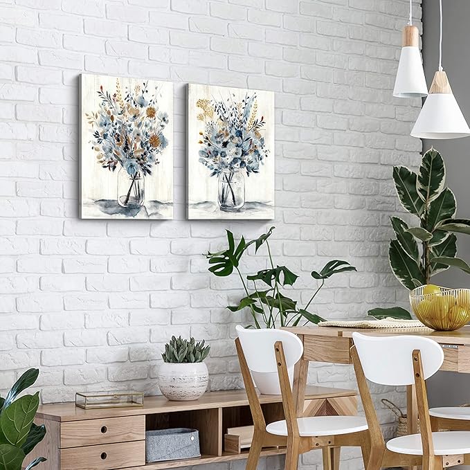 Hardy Gallery Floral Painting Canvas Wall Art: Abstract Flower Bouquet in Glass Bottle Picture Print for Dining Room (18'' x 24'' x 2 Panels)