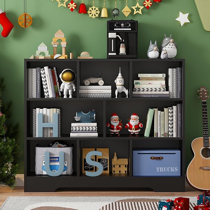 Book Shelf Set of 2, 8 Cubes Storage Organizer, 3-Tier Open Shelf Wooden Bookcase, Freestanding Balck Bookshelf Cube Shelf for Bedroom, Living Room, Home Office