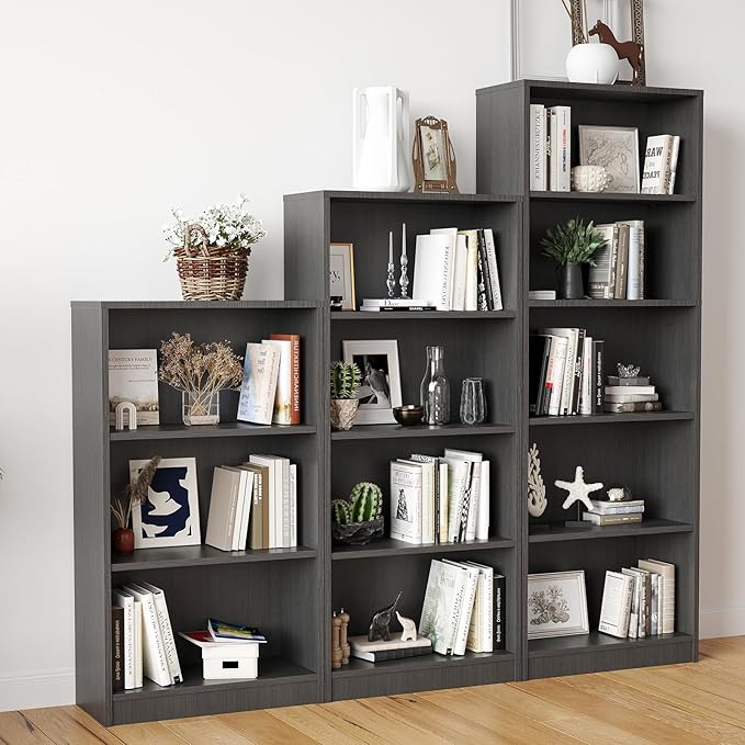 Bookcase Adjustable Storage Shelves,44.1-Inch Bookshelf,3-Tier Modern Wood Bookcase for Bedroom, Office, Living Room & Library(Grey)