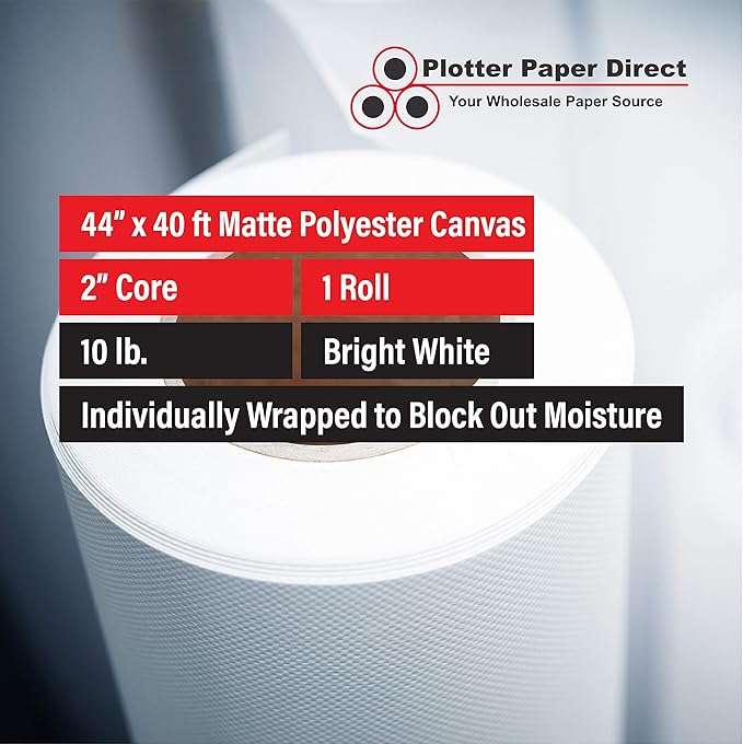 Plotter Paper Direct 44in x 40ft Premium Polyester Matte Canvas Roll, 500 Denier, Quick Dry, Wide Format Inkjet Printer Compatible, Perfect for Fine Art, Photography, Archival Quality Prints