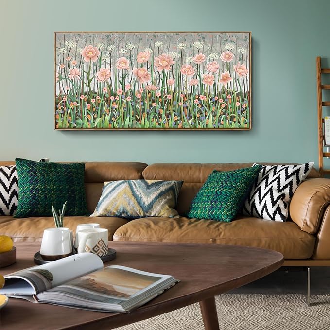 amatop Extra Large Modern Floral Wall Art: Framed Abstract Botanical Print in Pink & Green, Ready-to-Hang for Living Room, Bedroom, Office Decor (48x24 in)
