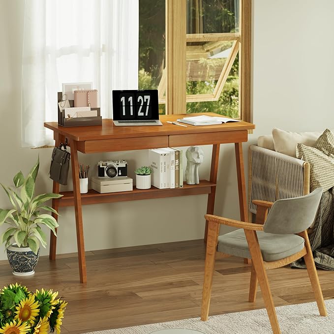 Solid Wood Desk with Drawers - 39.4 Inch Mid Century Modern Desks with Storage Shelf, Small Writing Desk for Small Spaces, Home Office Desks for Bedroom & Home, Walnut Color