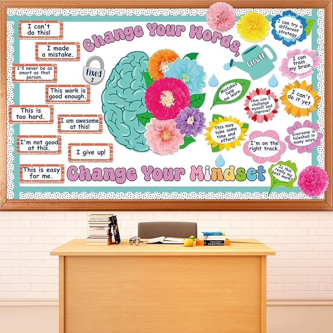Growth Mindset Bulletin Board Decoration Flower Change Your Words Spring Brain Bulletin Board Set Cutouts with 3D Tissue Paper Pompoms Positive Sayings Posters Decor for Back to School Supplies