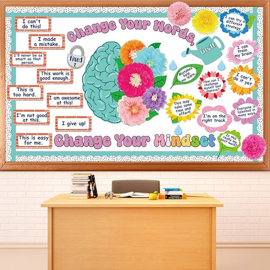Growth Mindset Bulletin Board Decoration Flower Change Your Words Spring Brain Bulletin Board Set Cutouts with 3D Tissue Paper Pompoms Positive Sayings Posters Decor for Back to School Supplies