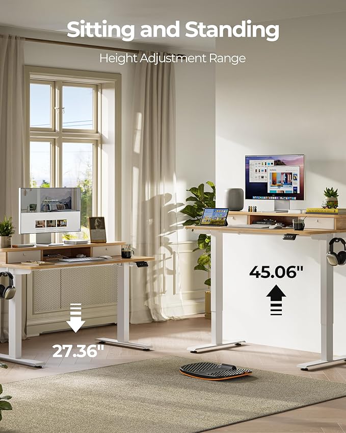 FEZIBO 55 x 24 Inch Height Adjustable Electric Standing Desk with Double Drawer, Stand up Home Office Computer Desk with 4 Height-Adjustable Feets & 2 Hooks, Maple