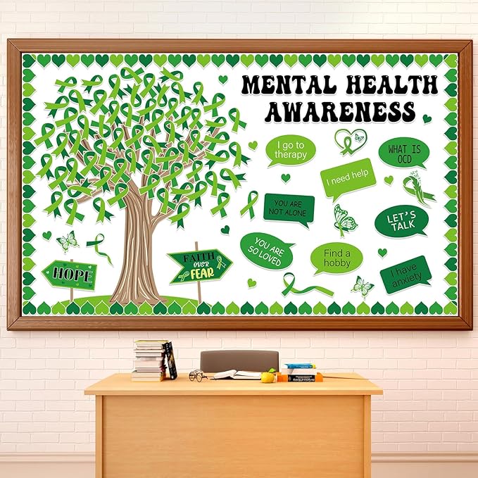 Mental Health Awareness Bulletin Board Set Positive Sayings Therapy Classroom Decorations Green Ribbon Mental Health Paper Cutouts for Motivational Inspirational School Wall Decor Teacher Supplies