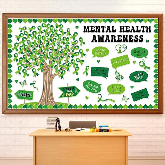 Mental Health Awareness Bulletin Board Set Positive Sayings Therapy Classroom Decorations Green Ribbon Mental Health Paper Cutouts for Motivational Inspirational School Wall Decor Teacher Supplies