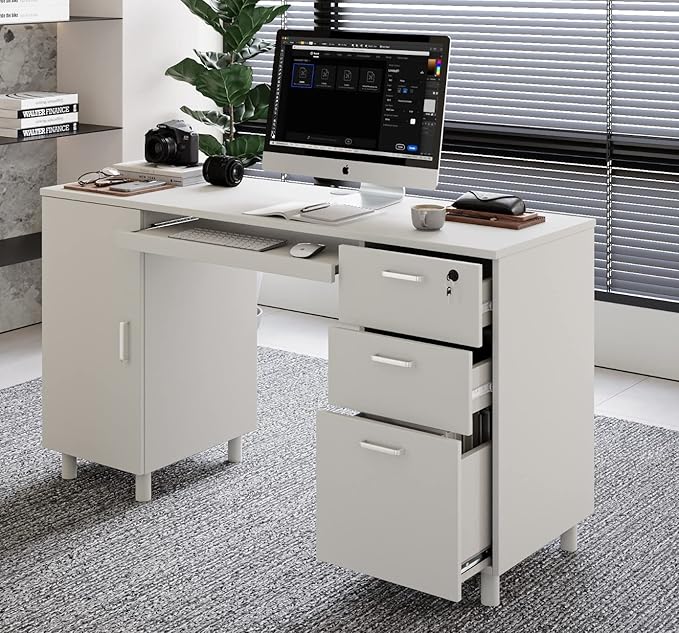 Modern Design Venice Computer Office Desk with 3 Locking Drawers and Storage Cabinet, 53 Inch Home and Office Executive White Desk with Keyboard Tray by Crafts and Comfort