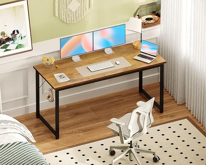 ODK 54 Inch Computer Desk Home Office Desk, Gaming Writing Work from Home Study Desk, Modern Simple Design, Large Legroom, Sturdy Metal Frame, Vintage