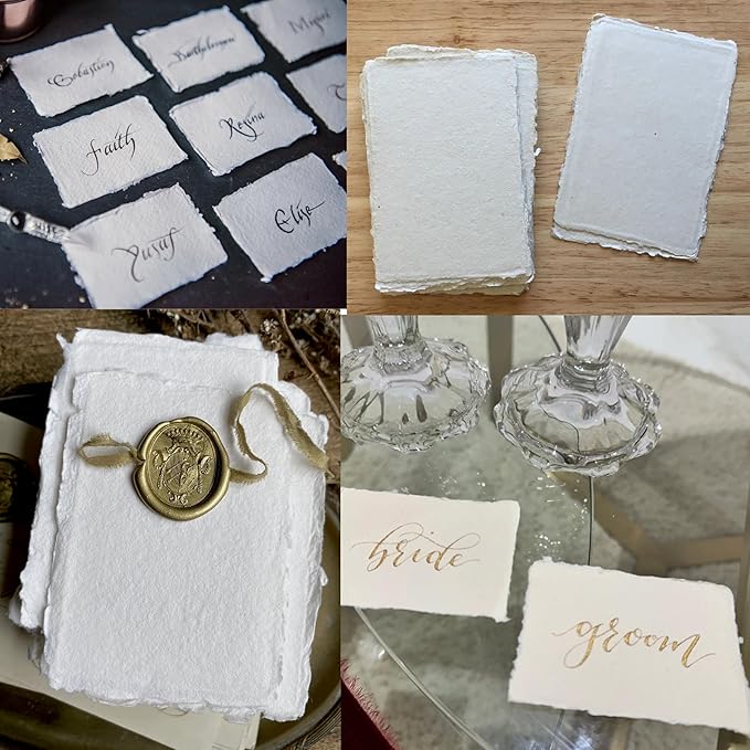 Handmade White Deckle Edge Blank Paper - 2x3 Inch Package of 50 - Mixed Media Loose Leaf Paper for Placecards, Vow Cards, Thick 150 GSM
