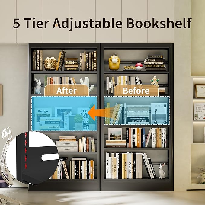 70.9" H Metal Bookshelf, Adjustable Bookcase, 5-Tier Heavy Duty Bookshelf with Bookend, Tall Bookshelves, Bookcase Shelf for Living Room, Office, Library,Classroom (Black-72.8W)