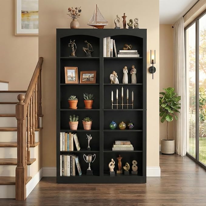 71" Tall Bookcase, Double Wide Black Bookshelf with Arched Design, 12-Tier Open Wood Display Shelf Storage Organizer for Living Room, Home Office (41.6" W x 70.8" H)