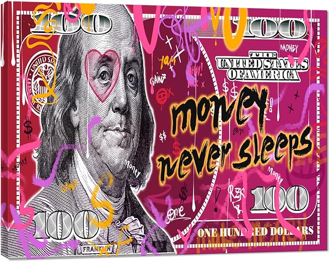 Red Dollars Bill Wall Art Canvas Print Office Decor Money Modern Art Entrepreneur Inspirational Motivational 100 Bill Benjamin Franklin Art for Living Room Bedroom Home, Ready to hang 12" W X 16"H