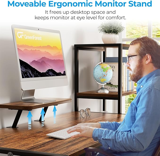 GreenForest Computer Desk 58 inch with Printer Shelf, Reversible Office Desk with Monitor Stand and 2 Hooks, Home Workstation for Study Writing Working Gaming, Brown