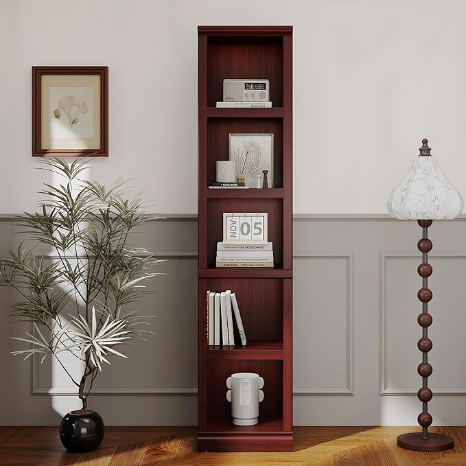 blini 5-Shelf Narrow Bookcase Wooden Tall Bookshelves Floor Standing Display Storage Shelves Mahogany Bookcase for Home Office, Living Room, Bed Room
