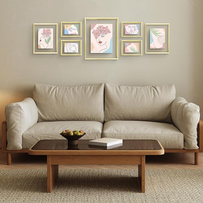 Frametory, Floating Picture Frames Set - Gold Metal Photo Frames - Real Glass - Displays One 11x14, Two 8x10, And Four 5x7 Inch Photos for Home Decoration
