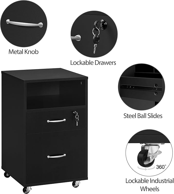 Topeakmart File Cabinet Movable Vertical Filing Cabinet with 2-Drawer and 1-Open Shelf Mobile Letter File Storage Oragnizer Lateral File Srorage on Wheels, for A4/ Legal/Letter Black
