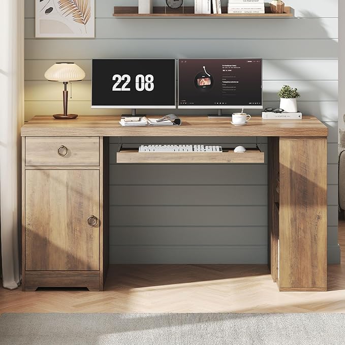 HSH 55 Inch Executive Office Desk with Drawers, Farmhouse Computer Desk with Keyboard Tray and Storage, Rustic Wood Work Study Writing Pc Table Studio Desks Home Workstation with Shelves and Cabinet