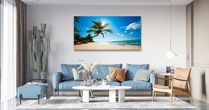 Muolunna ARX0662 Large Canvas Wall Art Summer Ocean Waves Prints Coconut Trees Beach Seascape Painting Hawaii Sea Nature Pictures Stretched and Framed for Living Room Home Office Wall Decor Artwork