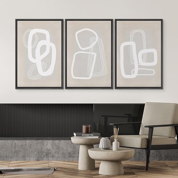 SIGNWIN Framed Canvas Print Wall Art Set Mid-Century Geometric Polygon Variety Abstract Shapes Cozy Neutral Decorative Contemporary Minimal for Living Room, Bedroom, Office - 24"x36"x3 Black