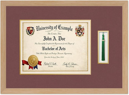 CountryArtHouse Diploma and Tassel Frame Fits 13 x 10 College Diploma (Traditional) with Tas Natural Wood Genuine Hardwood Shadowbox with Dark Red Over Metallic Gold Double mat
