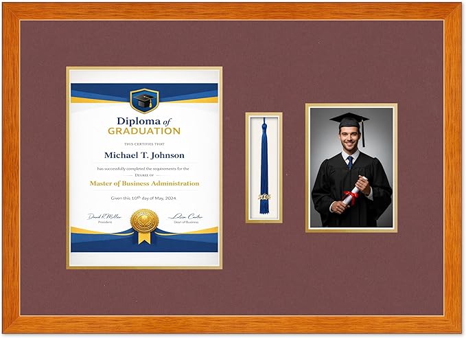 Diploma Tassel and Photo Frame Honey Oak Shadowbox Dark Red Over Gold Mat - Fits 8.5 x 11 Degree Picture Made in the USA