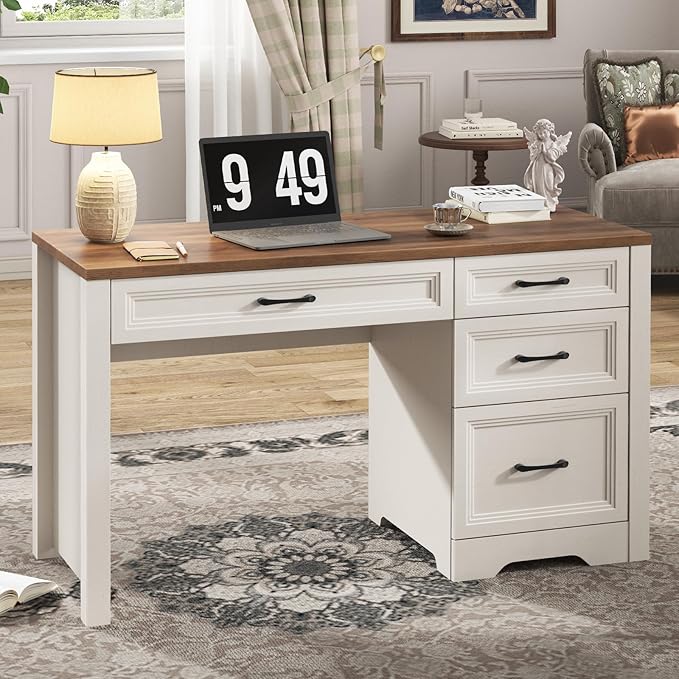 Vabches Farmhouse Executive Desk with Drawers, Home Office Desk with File Drawer, Wood Computer Desk with Ample Storage, Rustic Office Desk with Spacious Tabletop for Work, White