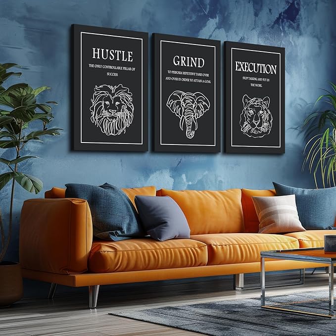 Set of 3 Motivational Wall Art - Black and White Hustle Grind Execution Canvas Prints with Lion/Elephant/Tiger Line Art, Inspirational Quote Wall Decor for Office Gym Home, Framed 24"x36"x3