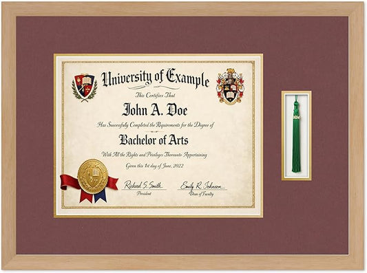 CountryArtHouse Diploma and Tassel Frame Fits 14 x 11 College Diploma (Modern) with Tassel H Natural Wood Genuine Hardwood Shadowbox with Dark Red Over Metallic Gold Double mat