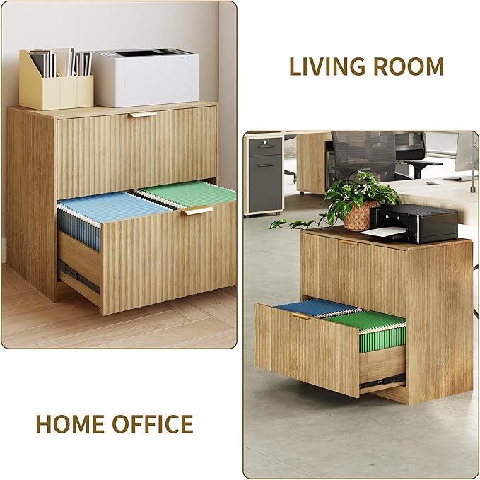 Double Drawer Horizontal File Cabinet,Wooden Fluted File Cabinet Printer Stand for Legal/Letter/A4 Size with Metal Handle for Modern Home,Office,Living Room (File cabinet-natural-05)