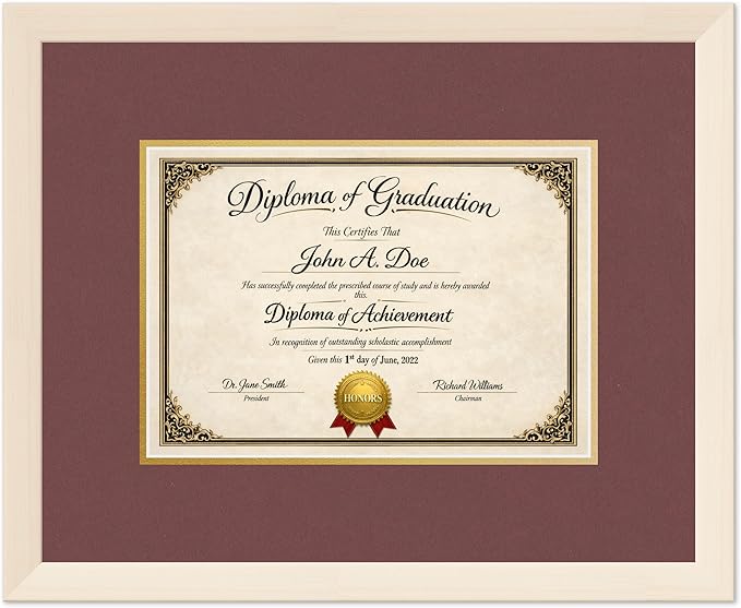 Diploma Frame Coastal Whitewash with Dark Red Over Gold Double Mat - Fits 11.69 x 8.27 A4 Certificate Wall Display Made in the USA