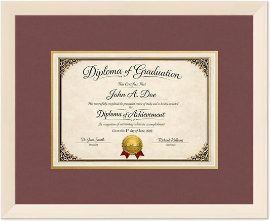 Diploma Frame Coastal Whitewash with Dark Red Over Gold Double Mat - Fits 11.69 x 8.27 A4 Certificate Wall Display Made in the USA