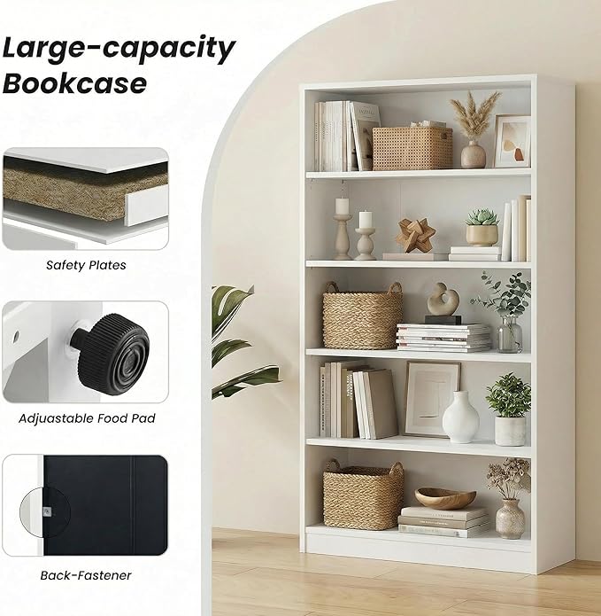5 Tier Wooden Bookshelf, 60" H Tall Book Shelf with Adjustable Shelves, 33" Wide Bookshelf for Home Office, Living Room