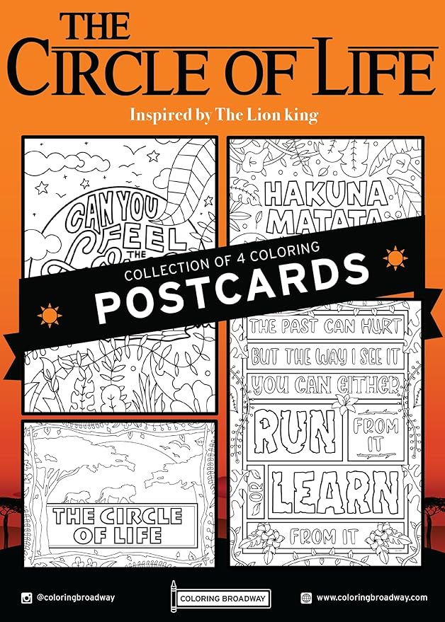 Coloring Broadway - Lion King Inspired Coloring Postcards (Set of 4), Circle of Life, Musical Merchandise, Printed on Matte Card Stock (5" x 7"), Perfect for a Broadway Theater Lover