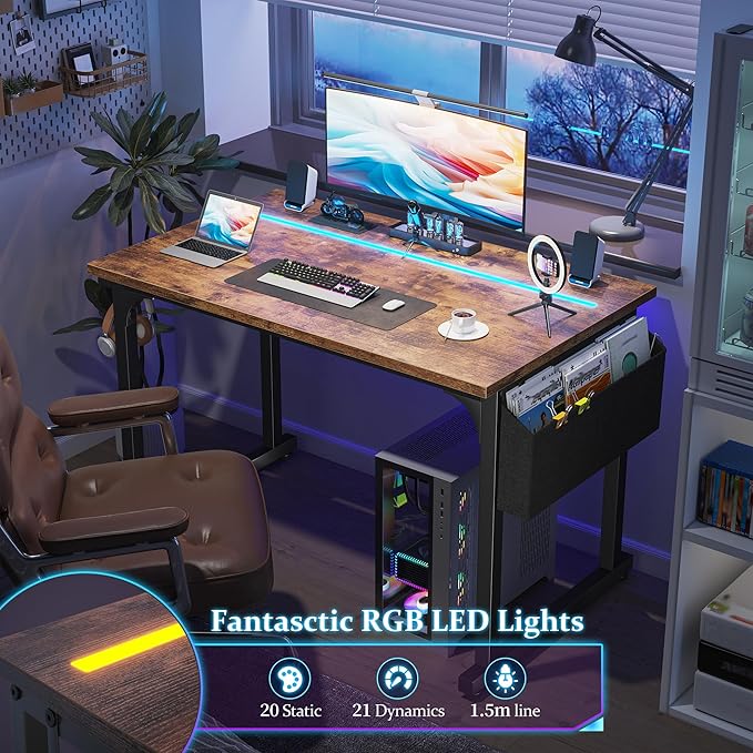 40 Inch Computer Desk with LED Lights for Small Spaces, Office Desk for Home Office, Study Desk Writing Table with Storage Bag, Headphone Hook, Rustic Brown