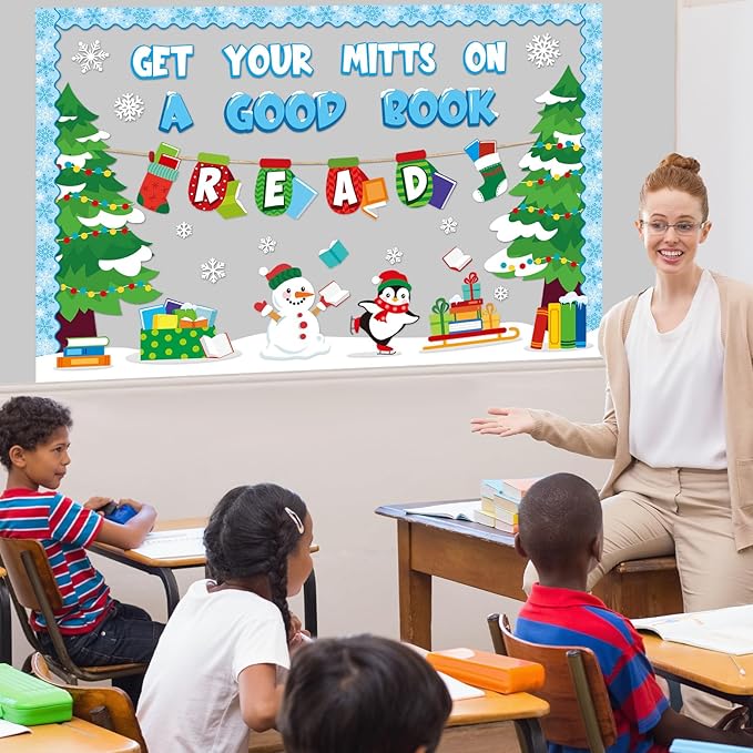 gisgfim Winter Reading Bulletin Board Decorations Winter Snowman Paper Cutouts Penguin Tree Classroom Bulletin Board Set for School Home Chalkboard Door Xmas Holiday Decor Supplies