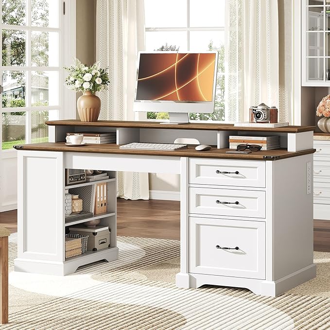 2 Pack 55'' Farmhouse Executive Desk with Drawers, Computer Desk with File Cabinet and Side Bookshelf, Writing Gaming Desk with Monitor Stand, White and Walnut