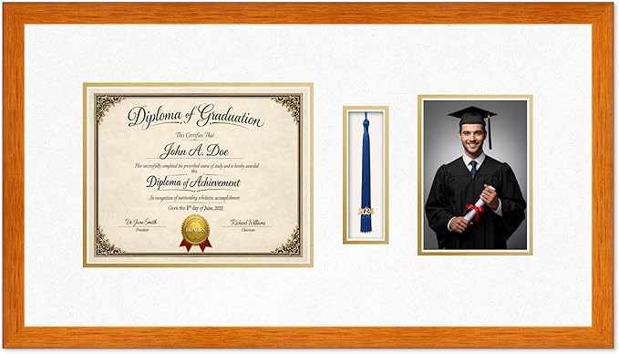 Diploma Tassel and Photo Frame Honey Oak Shadowbox Oyster Shell Over Gold Mat - Fits 10 x 8 Degree Picture Made in the USA