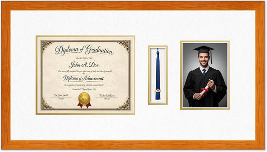 Diploma Tassel and Photo Frame Honey Oak Shadowbox Oyster Shell Over Gold Mat - Fits 10 x 8 Degree Picture Made in the USA