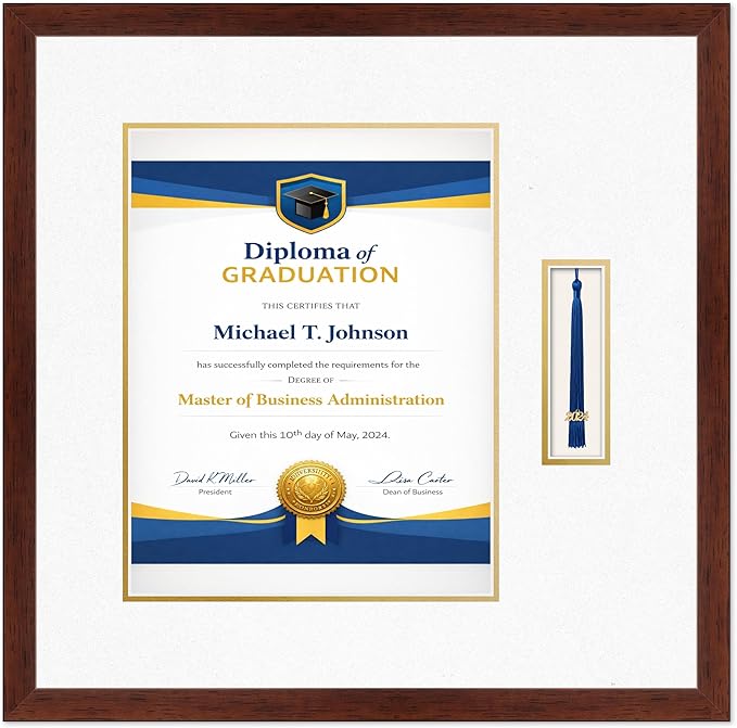 Diploma Frame with Tassel Holder Rustic Walnut Shadowbox Oyster Shell Over Gold Mat - Fits 11 x 14 Degree Made in the USA