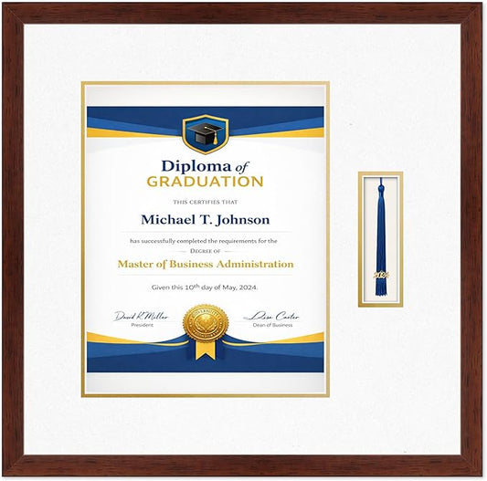 Diploma Frame with Tassel Holder Rustic Walnut Shadowbox Oyster Shell Over Gold Mat - Fits 11 x 14 Degree Made in the USA