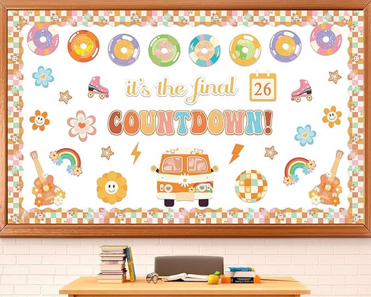 gisgfim Countdown to Summer Classroom Bulletin Board Decorations Set Spring Hippie End of The Year Cutouts May Groovy It's The Final Retro Bulletin Board for Classroom Home Wall Decor Supplies