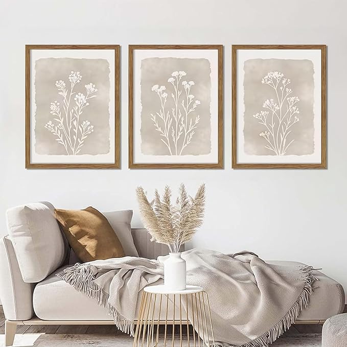 Framed Boho Botanical Flower Wall Art Set of 3, Vintage Minimalist Neutral Floral Wall Decor Paintings, Rustic Farmhouse Wildflower Artwork Prints Picture for Living Room Bedroom Bathroom 16x24 Inch