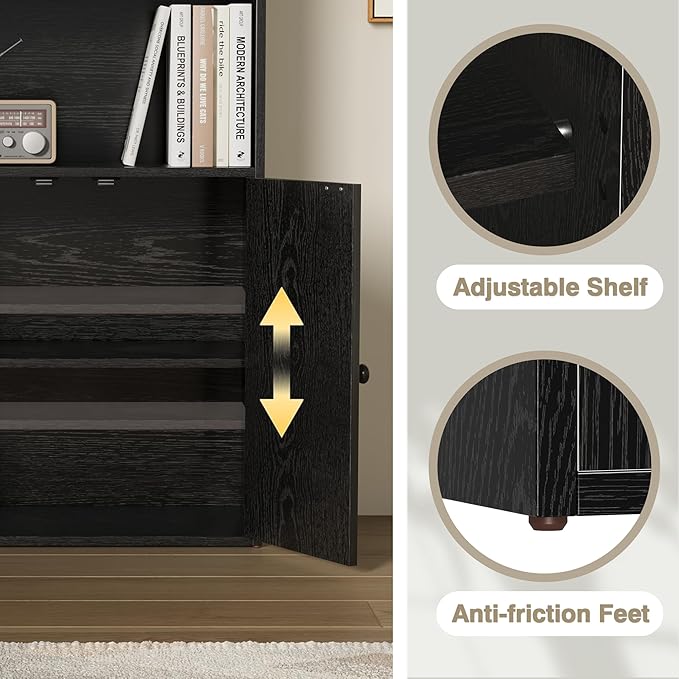 YESHOMY 6 Tier Bookcase and Bookshelf, Tall Book Shelf with Doors & Adjustable Shelves, Floor Display Storage Cabinet Home Decor for Living Room, Office, Black and Rustic